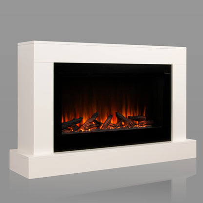 White electric fireplace with glowing logs on a gray background