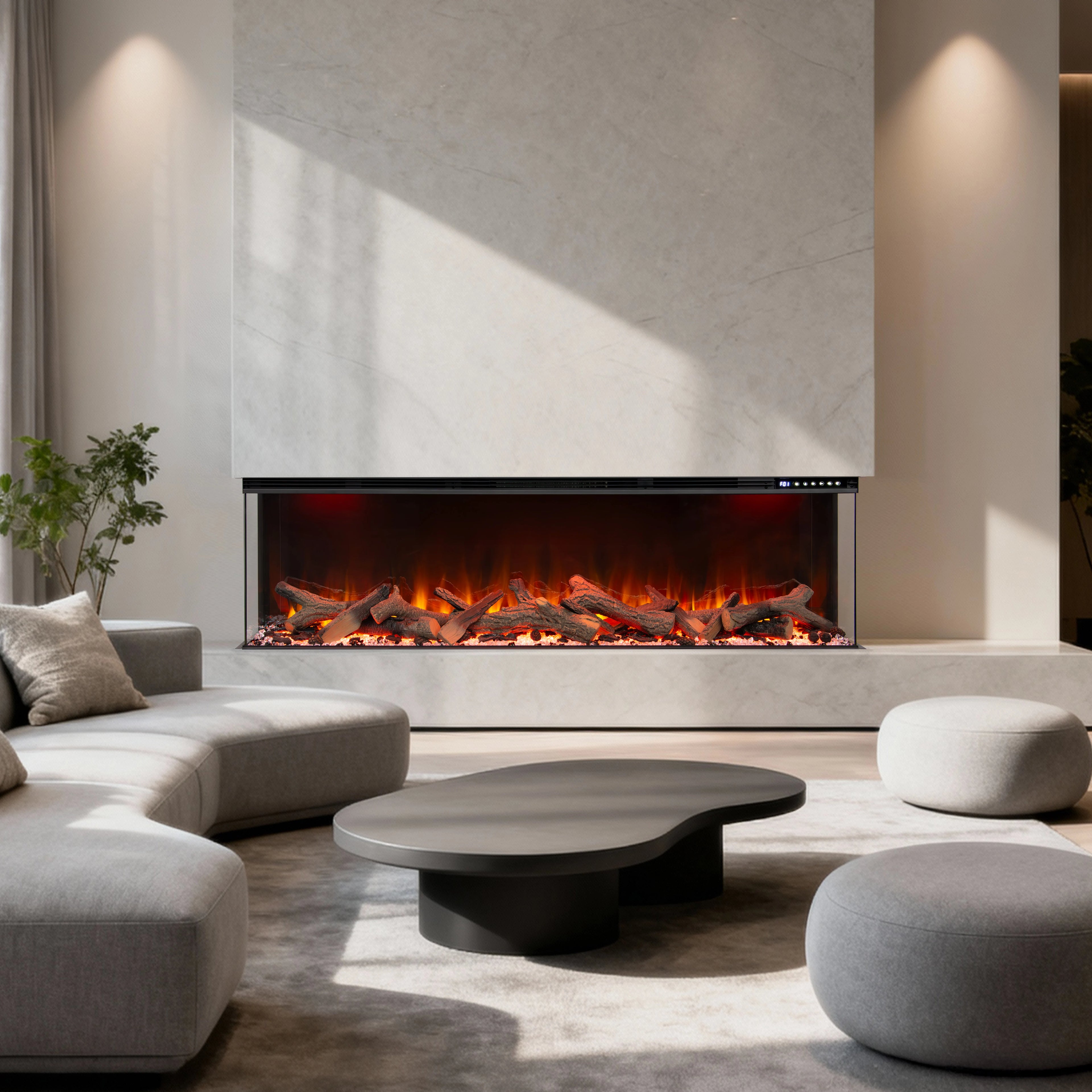 Modern living room with a fireplace, gray sofa, and coffee table.