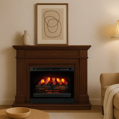 Wooden electric fireplace with a lit screen in a living room setting.