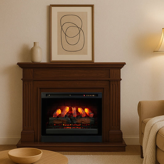 Wooden electric fireplace with a lit screen in a living room setting.