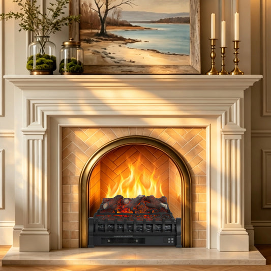 A classic white fireplace mantel with a built-in electric electric fire, featuring realistic orange and yellow flames, set in a warmly lit living room with decorative candles and a landscape painting.