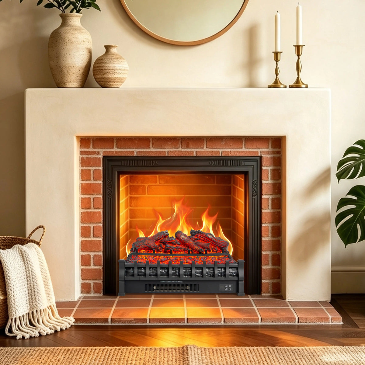 An electric fireplace insert with glowing faux logs and bright flames, set within a brick fireplace surround and tiled hearth, shown in a styled interior scene with candles, vases, and a plant.