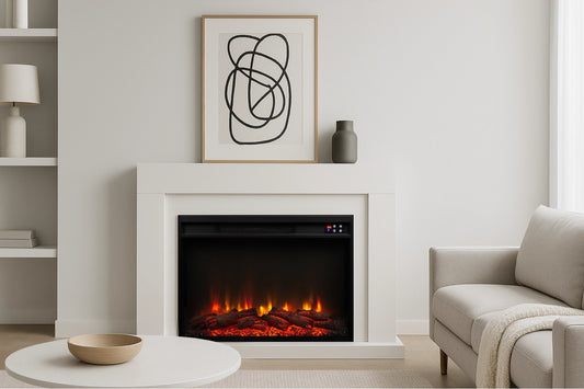 Modern living room with a white electric fireplace, beige sofa, and abstract art on the wall.