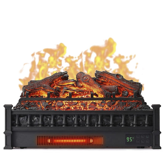 Digital fireplace insert with glowing logs and flames on a white background