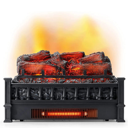 Electric fireplace log sets with glowing logs and flames on a white background