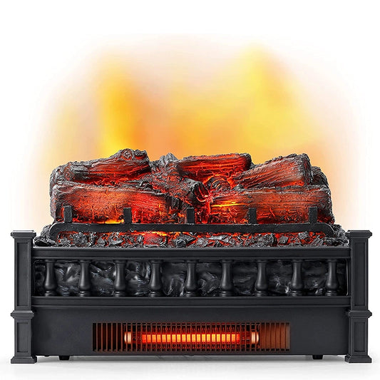 Electric fireplace log sets with glowing logs and flames on a white background