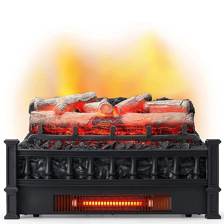 Electric fireplace log sets with glowing logs and flames on a white background