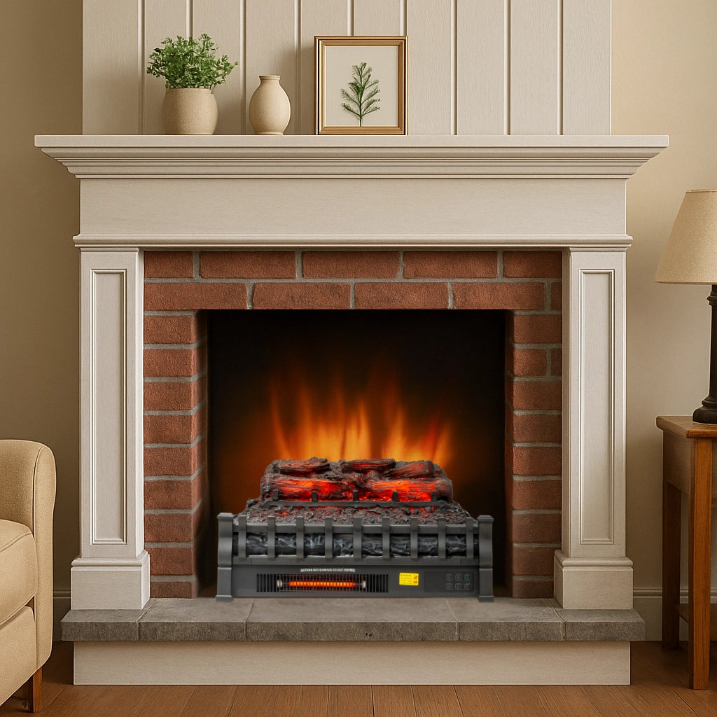 Brick fireplace with electric fire log in a living room setting