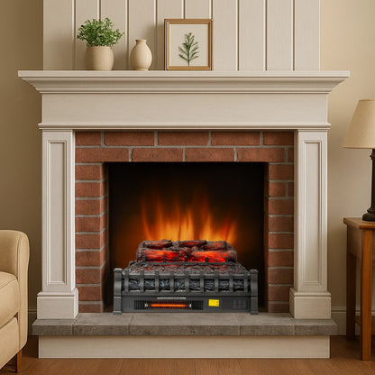 Brick fireplace with electric fire log in a living room setting