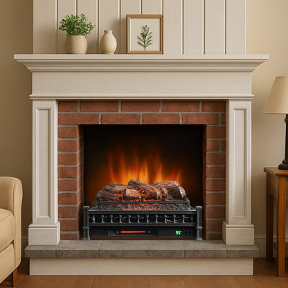 Brick fireplace with electric firelogs, decorative items on mantel, and a lamp on a side table.