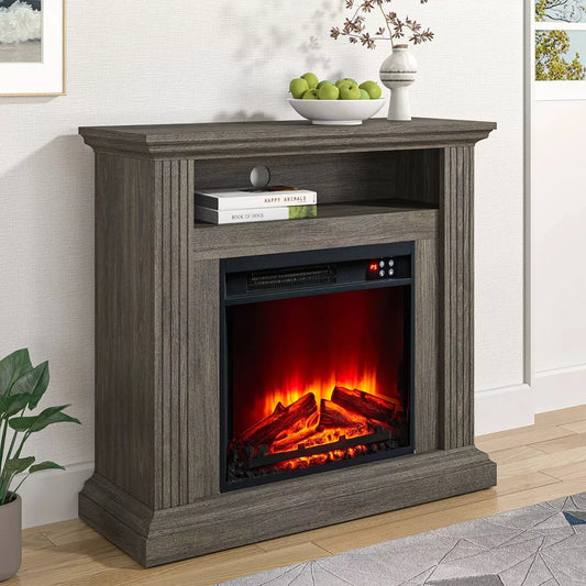 Wooden electric fireplace with a glowing interior, books, and apples on a white wall background.