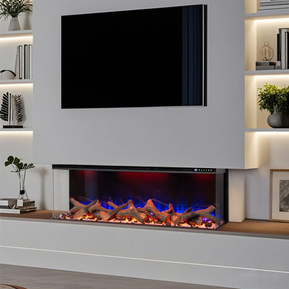 Premium three-sided electric fireplace with TV above in a living room setting