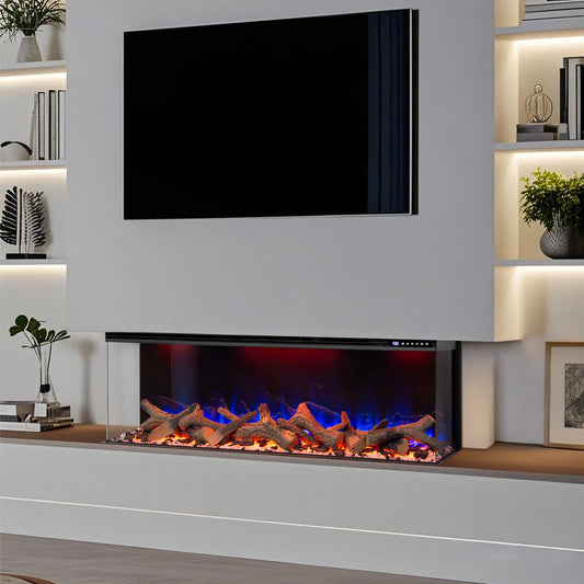 Premium three-sided electric fireplace with TV above in a living room setting