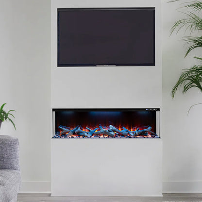 Premium three-sided electric fireplace with TV above it in a living room setting.