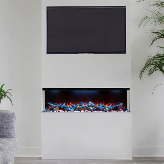 Premium three-sided electric fireplace with TV above it in a living room setting.