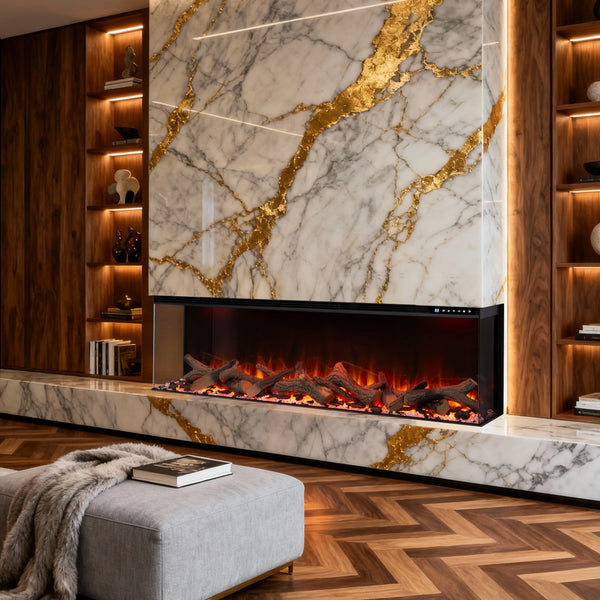 Modern electric fireplace with marble and gold design, surrounded by wooden shelves and a gray ottoman.