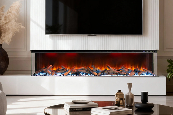 Modern living room with electric fireplace and flat-screen TV.