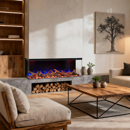 Modern living room with a fireplace, wooden coffee table, and decorative elements.