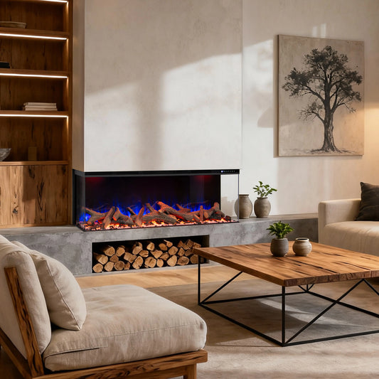 Modern living room with a fireplace, wooden coffee table, and decorative elements.