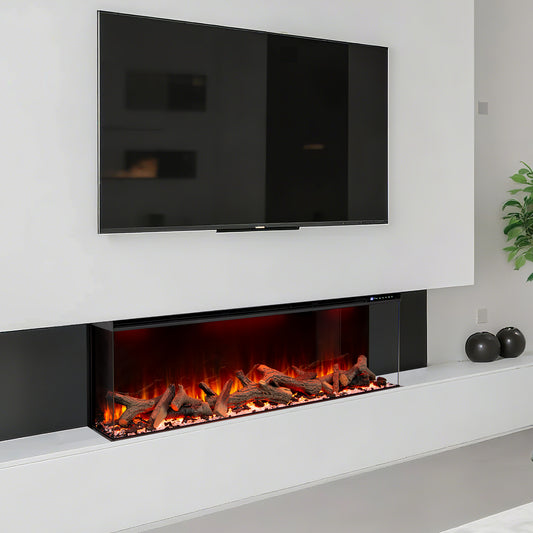 Modern three-sided electric fireplace with TV above in a living room setting