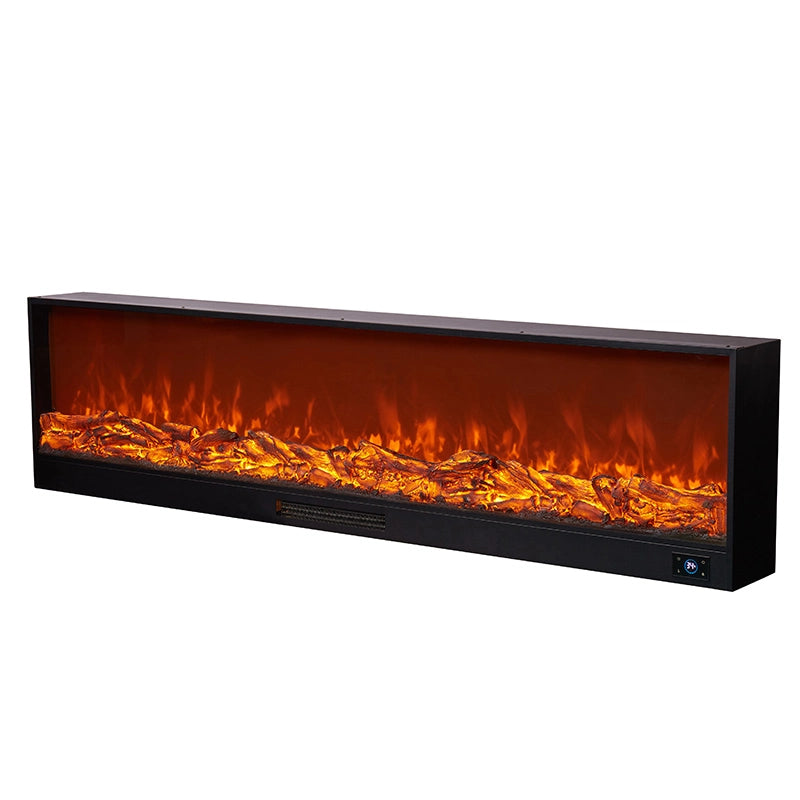 Rectangular electric fireplace with glowing logs on a white background