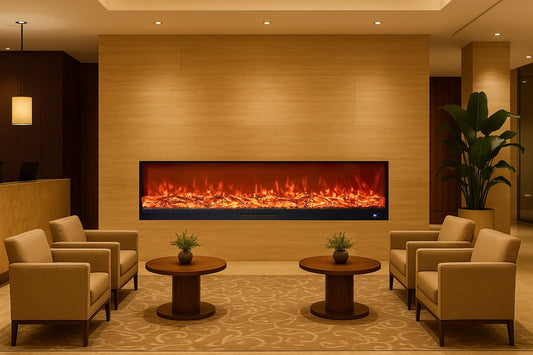 Hotel waiting area with a large wall-recessed fireplace, beige chairs, and wooden tables.