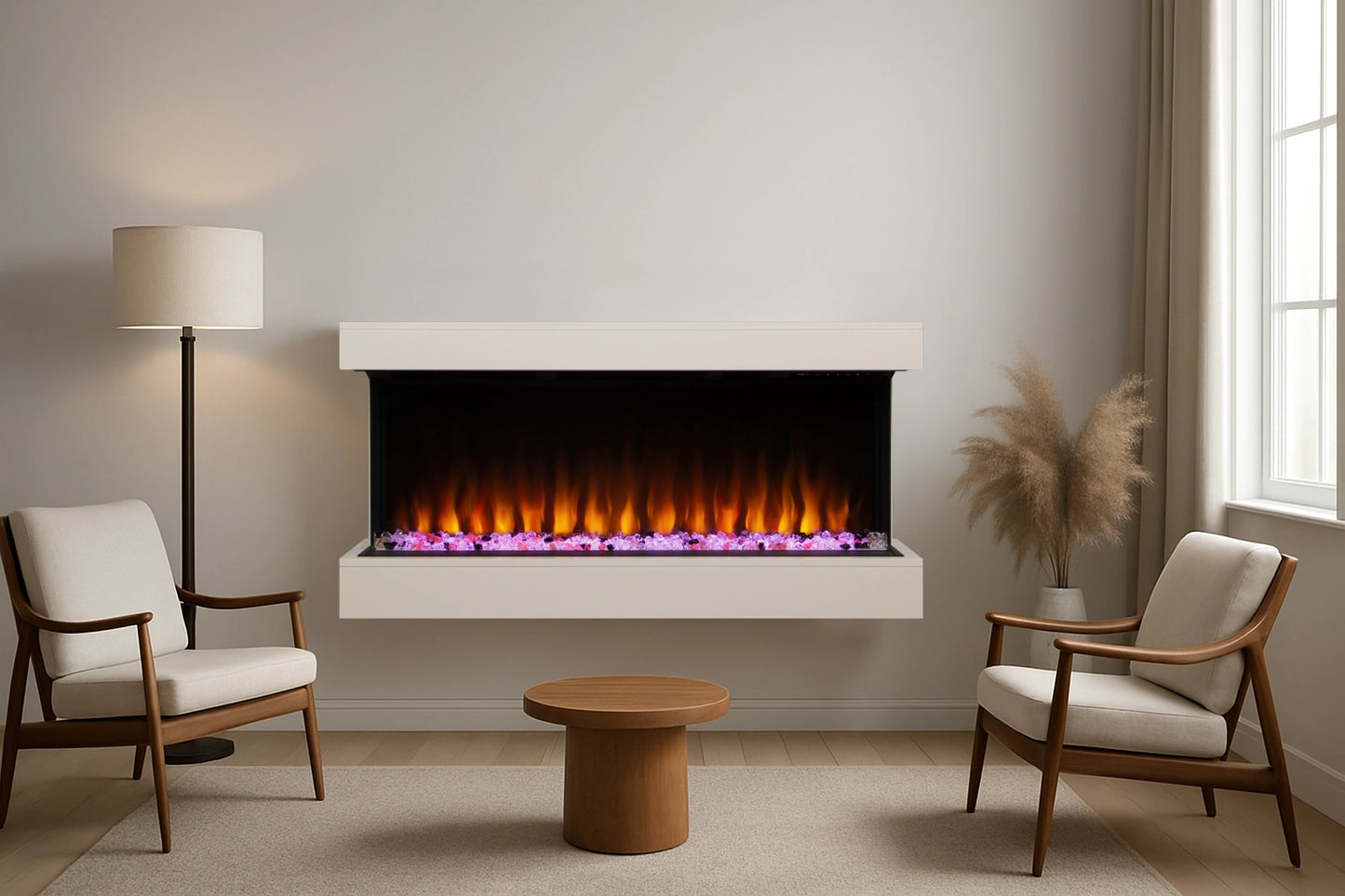 A lounge area with electric fireplace with white surround, floor lamp, lounge chairs and small coffee table.