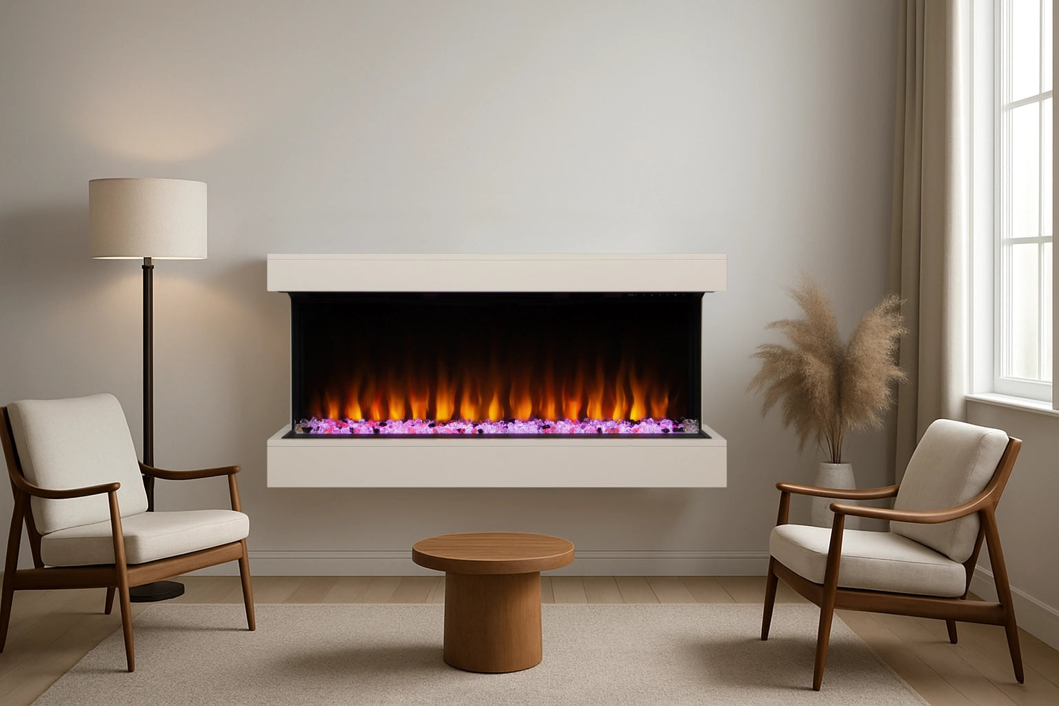 A lounge area with electric fireplace with white surround, floor lamp, lounge chairs and small coffee table.