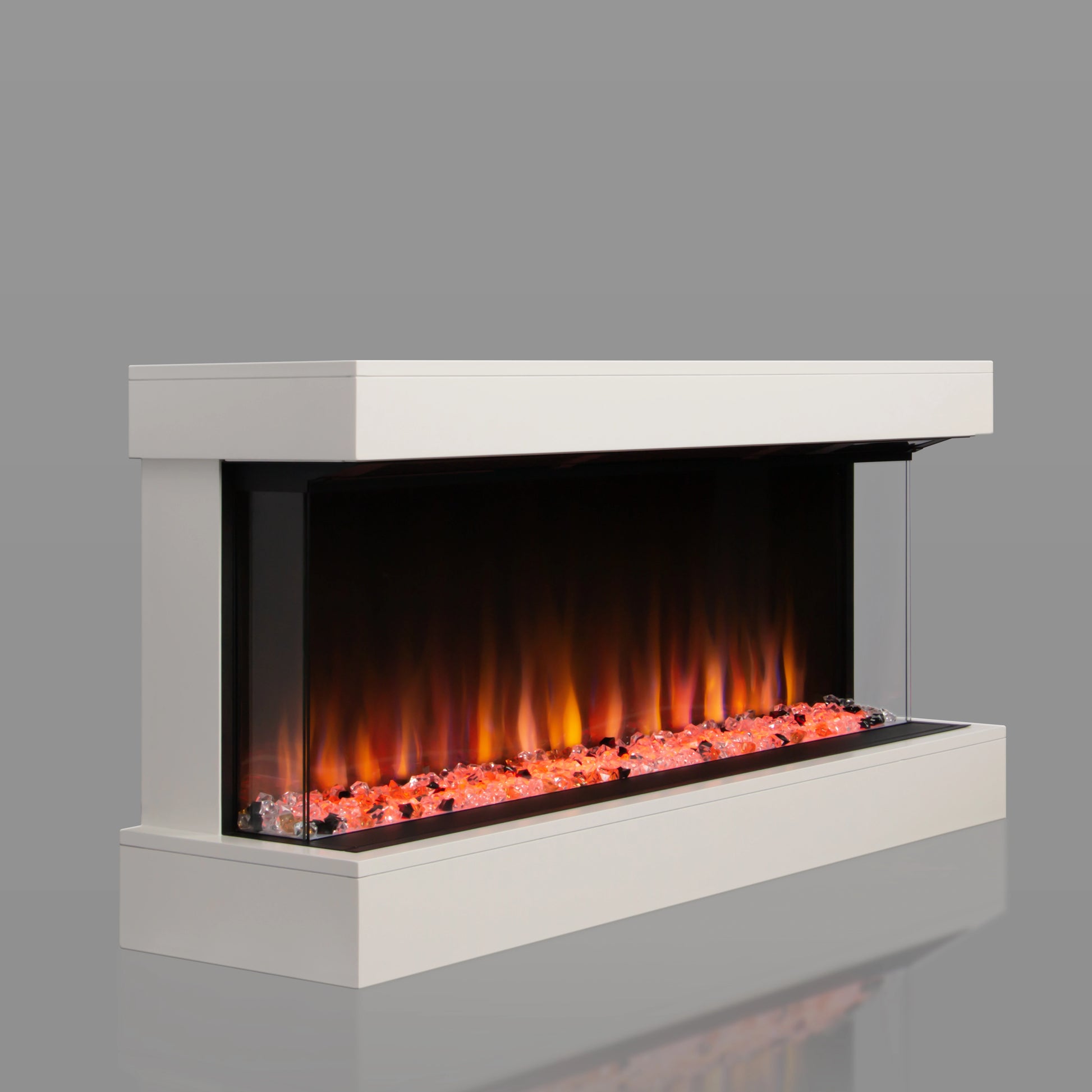 Modern 3-sided electric fireplace with glowing flames on a gray background
