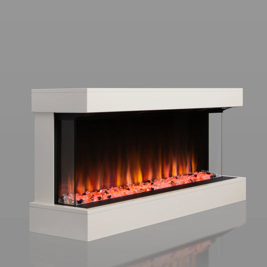 Modern 3-sided electric fireplace with glowing flames on a gray background