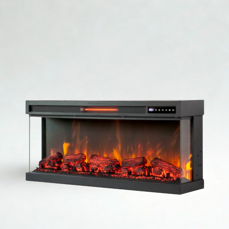 Electric fireplace insert with glowing logs on a white background