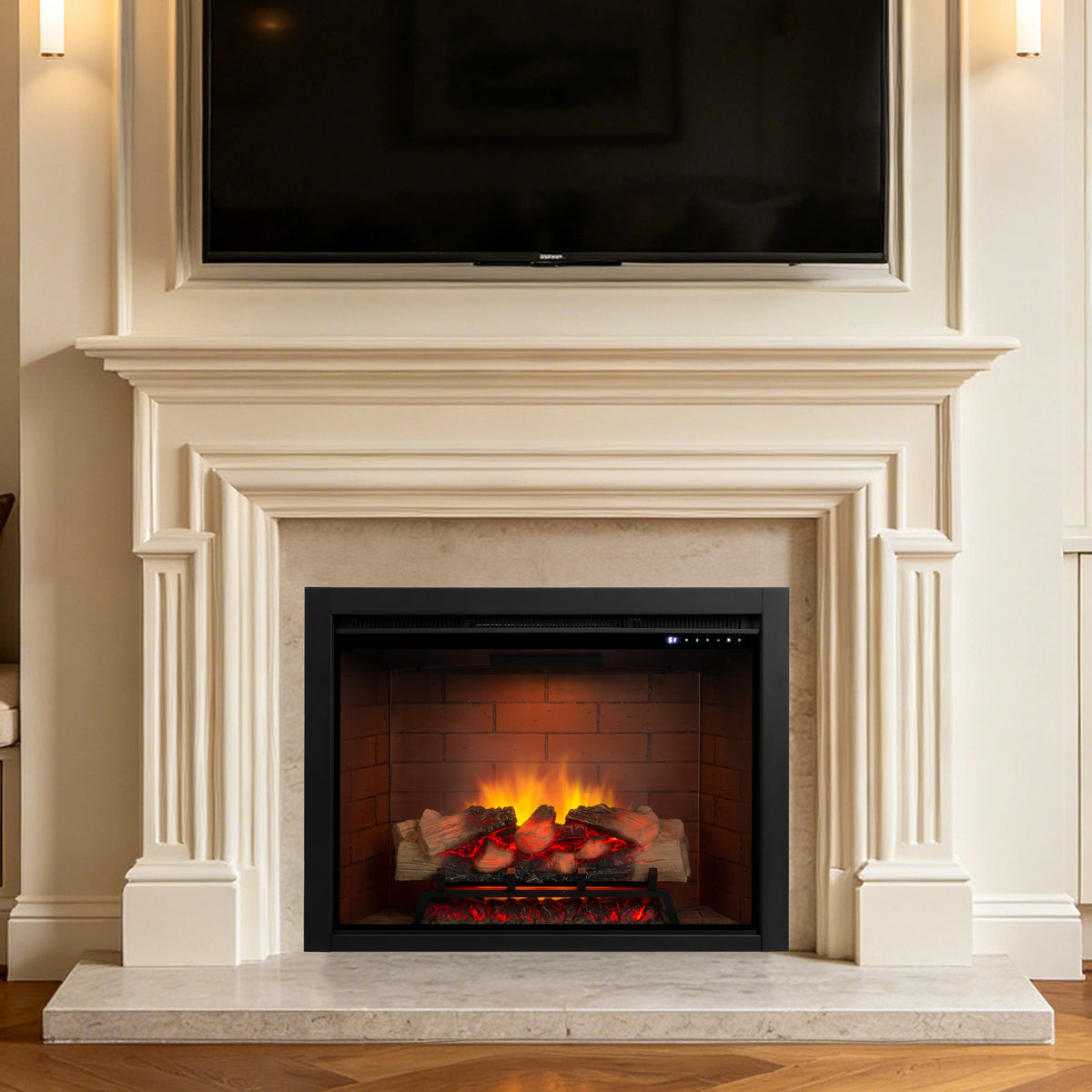 A modern electric fireplace insert set within a white decorative fireplace mantel, featuring a faux brick interior with glowing orange and red logs.