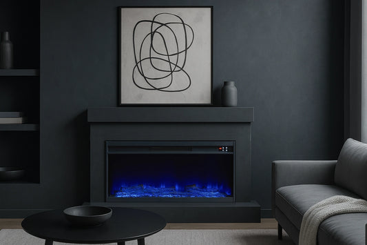 Modern living room with electric fireplace and abstract art on the wall