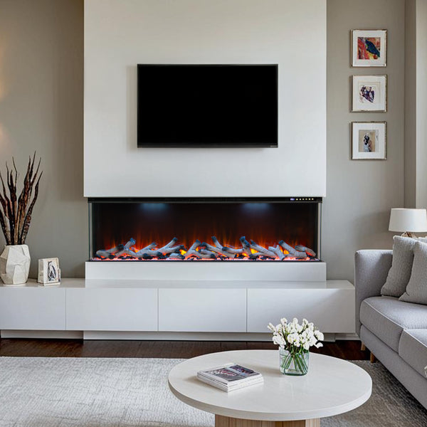 Modern living room with three-sided electric fireplace, TV, and decor