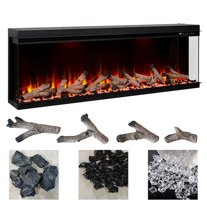 Electric fireplace with decorative logs and stones on a white background