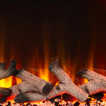 Close-up of burning wood logs with flames in a fireplace