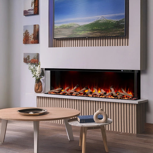 Modern living room with 3-sided electric fireplace, TV, and decor
