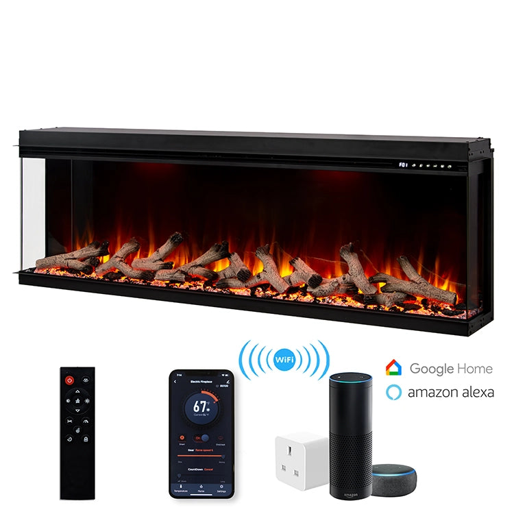 Electric fireplace with remote control, smartphone app, and smart speaker on a white background