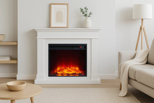 Modern living room with a white fireplace displaying flames, beige sofa, and decorative items.