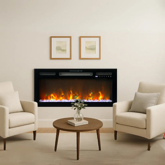 Modern living room with a fireplace, two armchairs, and a coffee table.