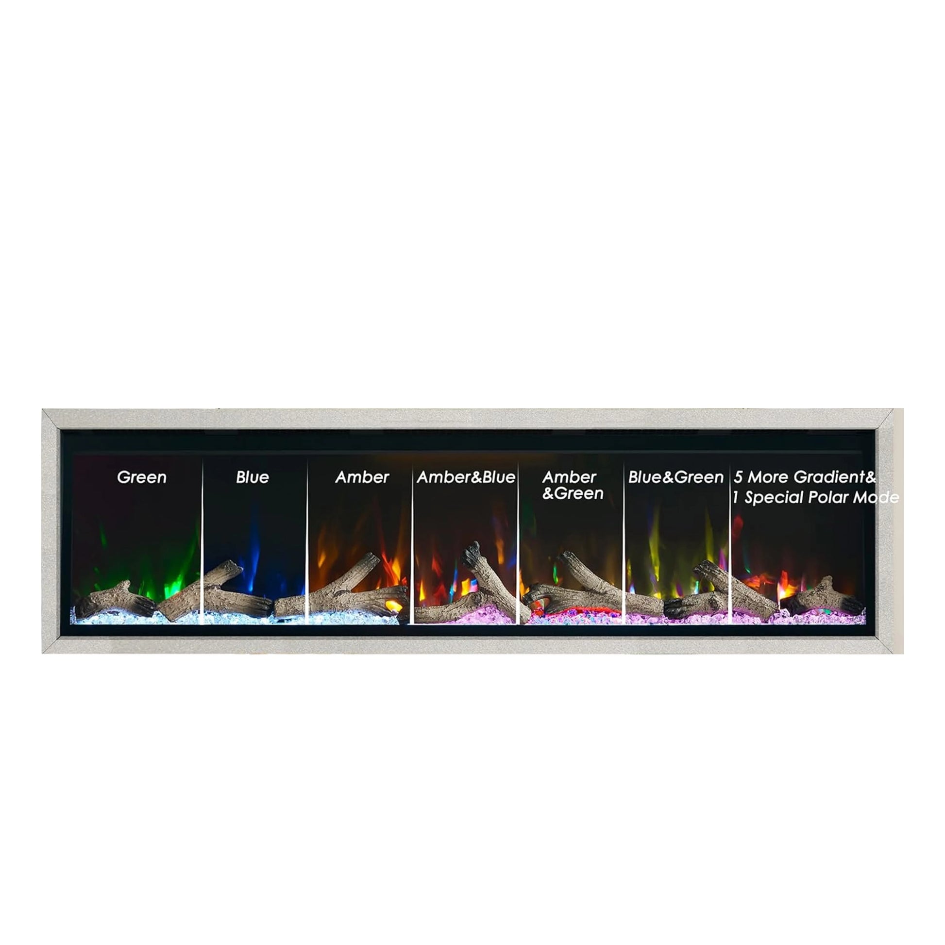 Electric fireplace with color options displayed on a white background