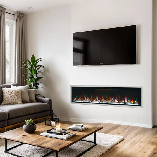 Modern living room with a fireplace, TV, and decor elements.