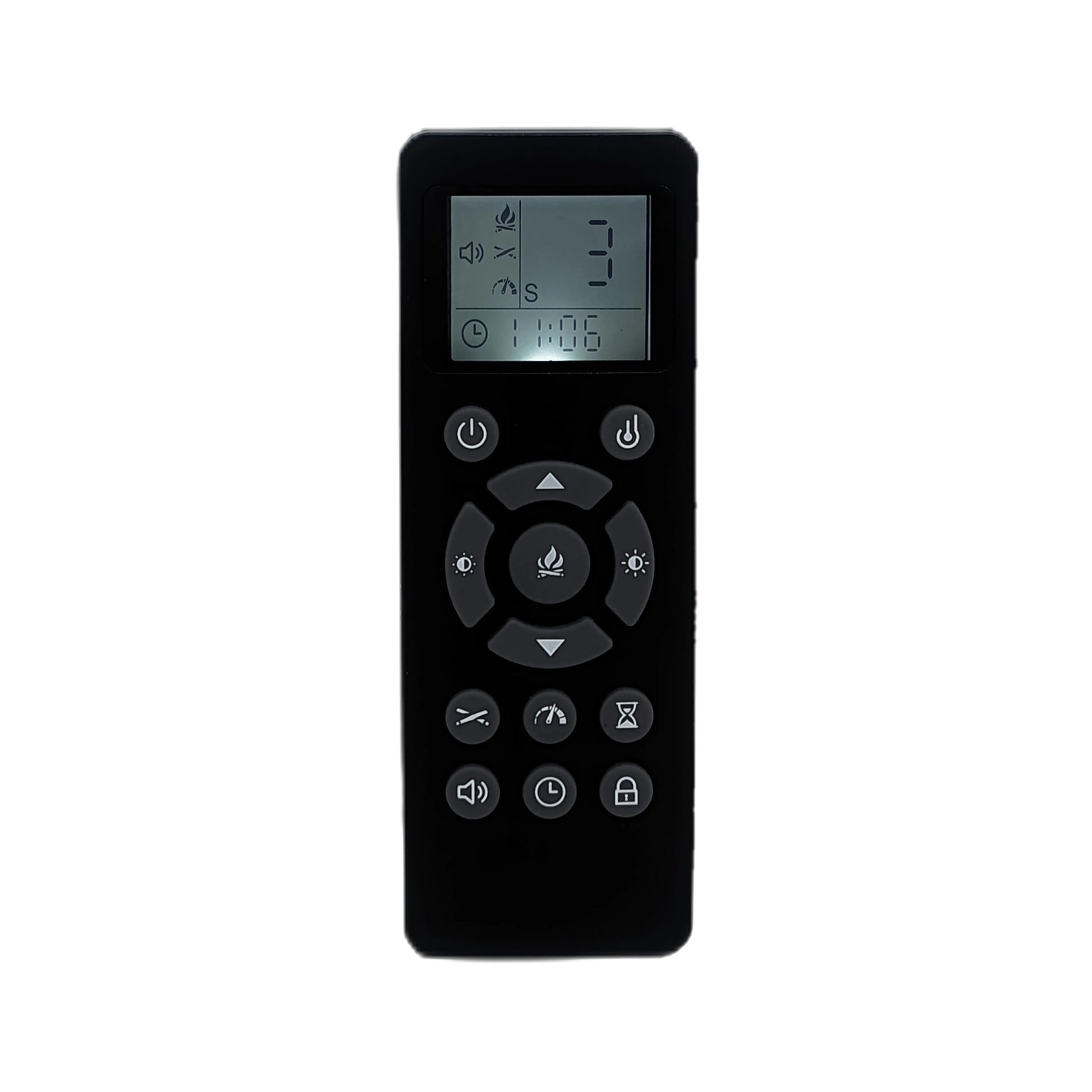 Black remote control with display and buttons on a white background