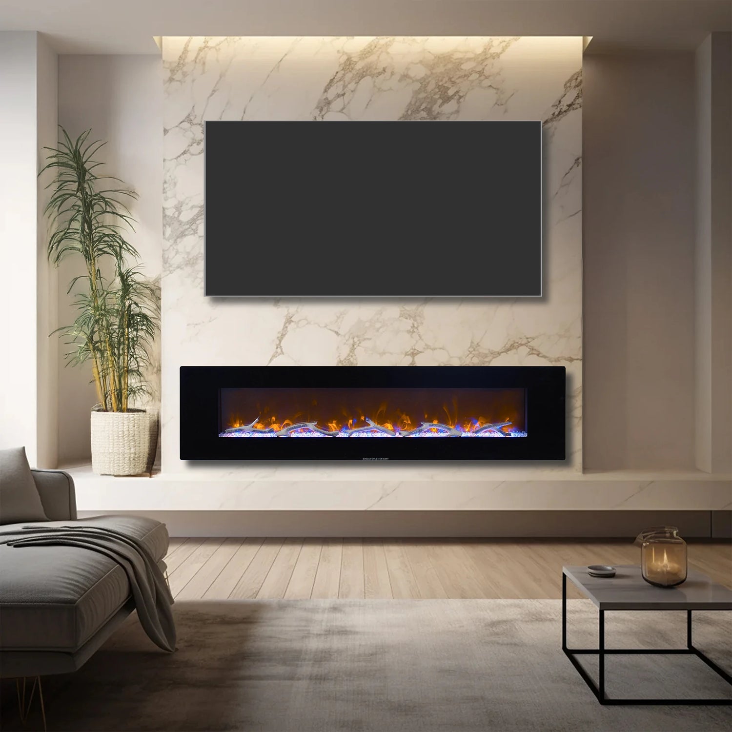 Modern living room with electric fireplace and flat-screen TV on marble wall