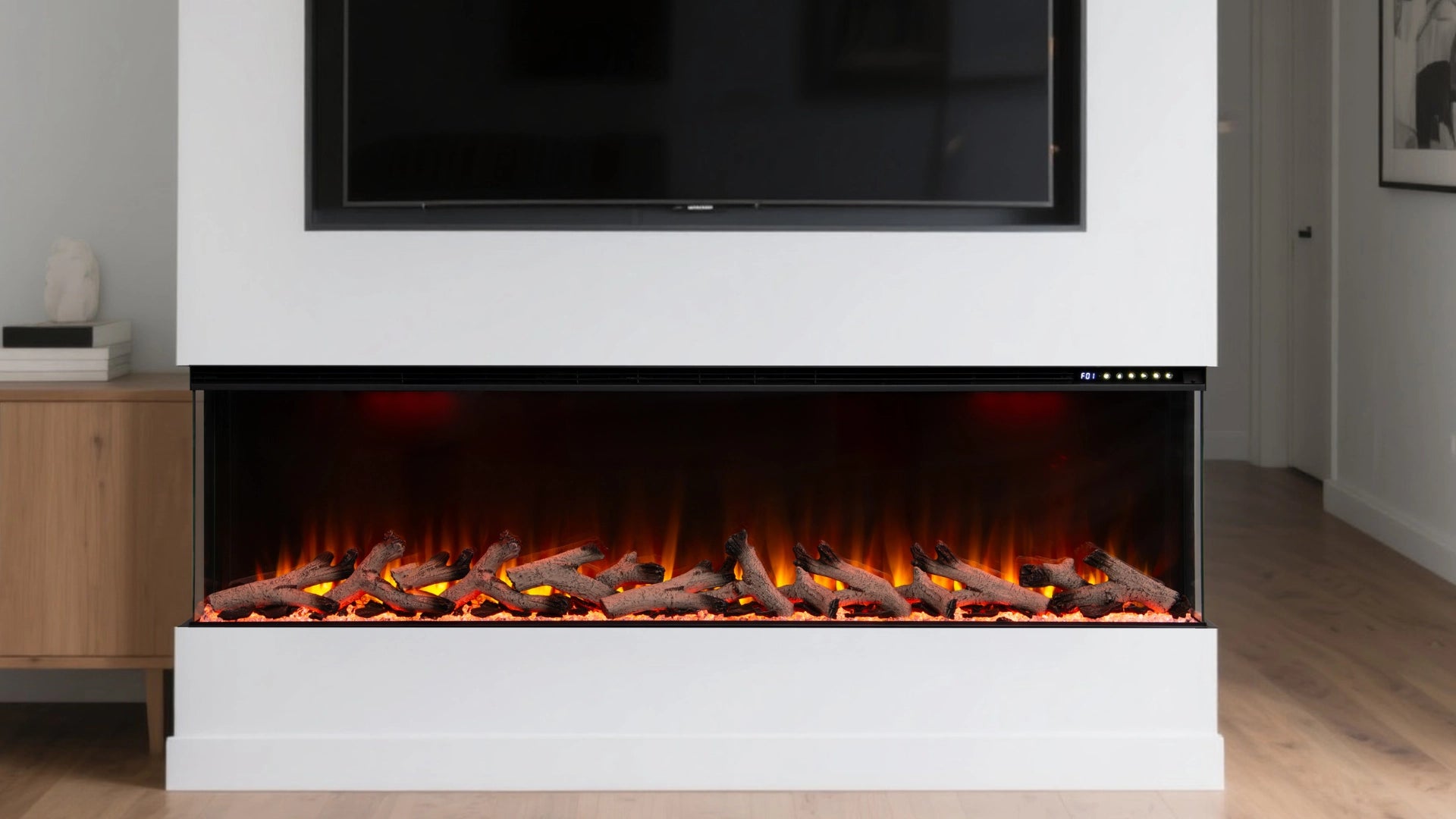 Popular three-sided electric fireplace used in residential and hospitality interior design projects