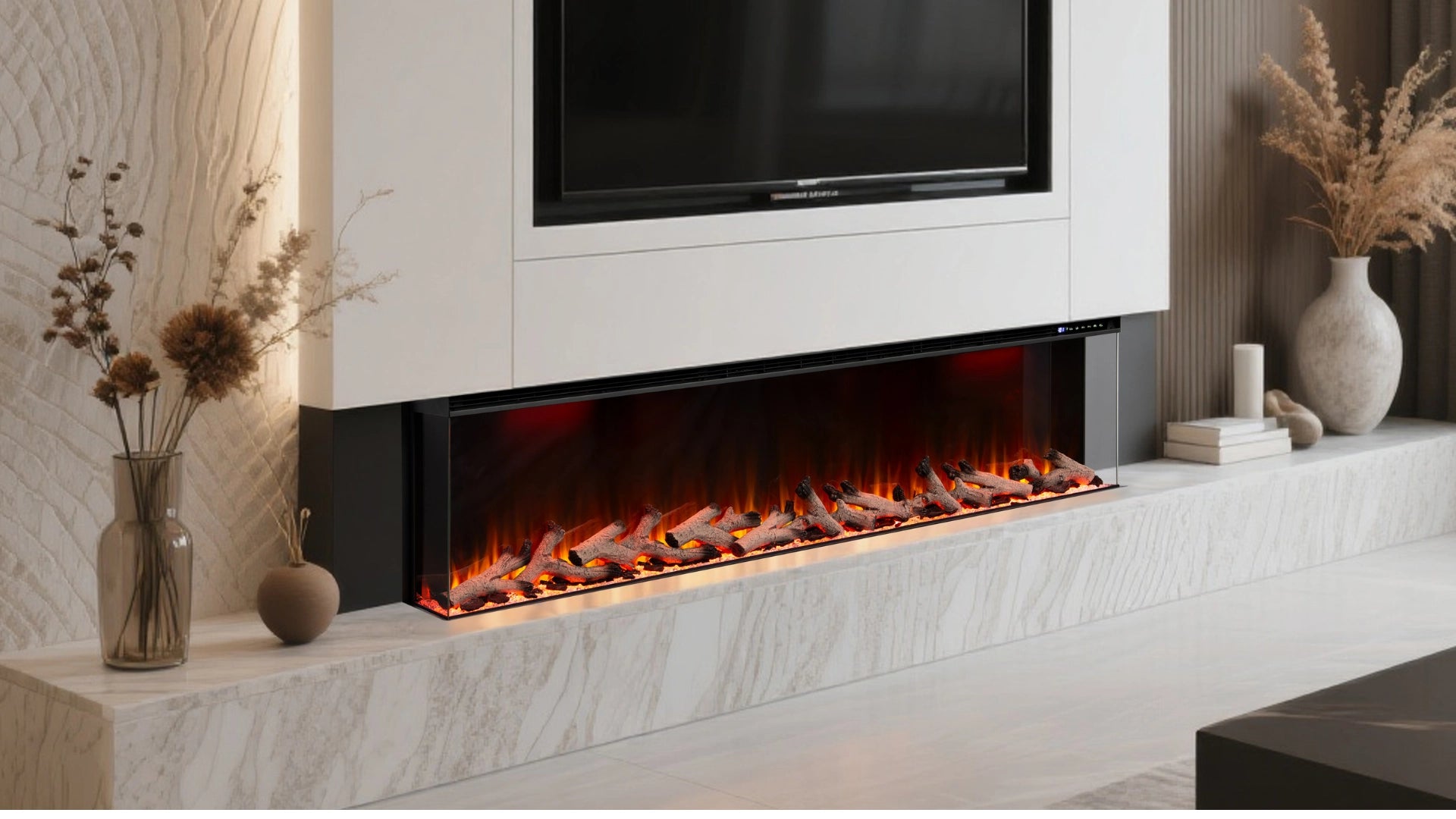 Slim three-sided electric fireplace with recessed installation, ideal for modern residential and commercial spaces