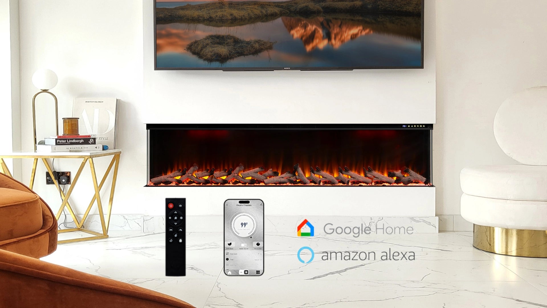 Smart controlled electric fireplace with app, remote, and touch control for modern B2B fireplace solutions