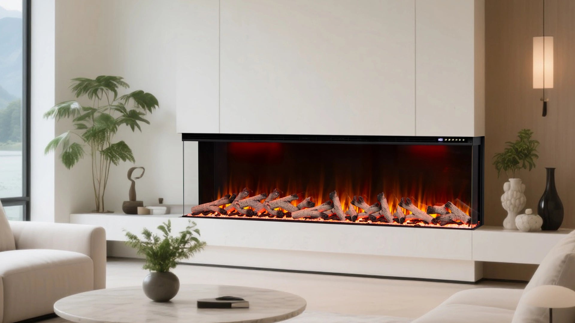 Three-sided electric fireplace VibeLite installed in a modern interior, designed for B2B residential and hospitality projects