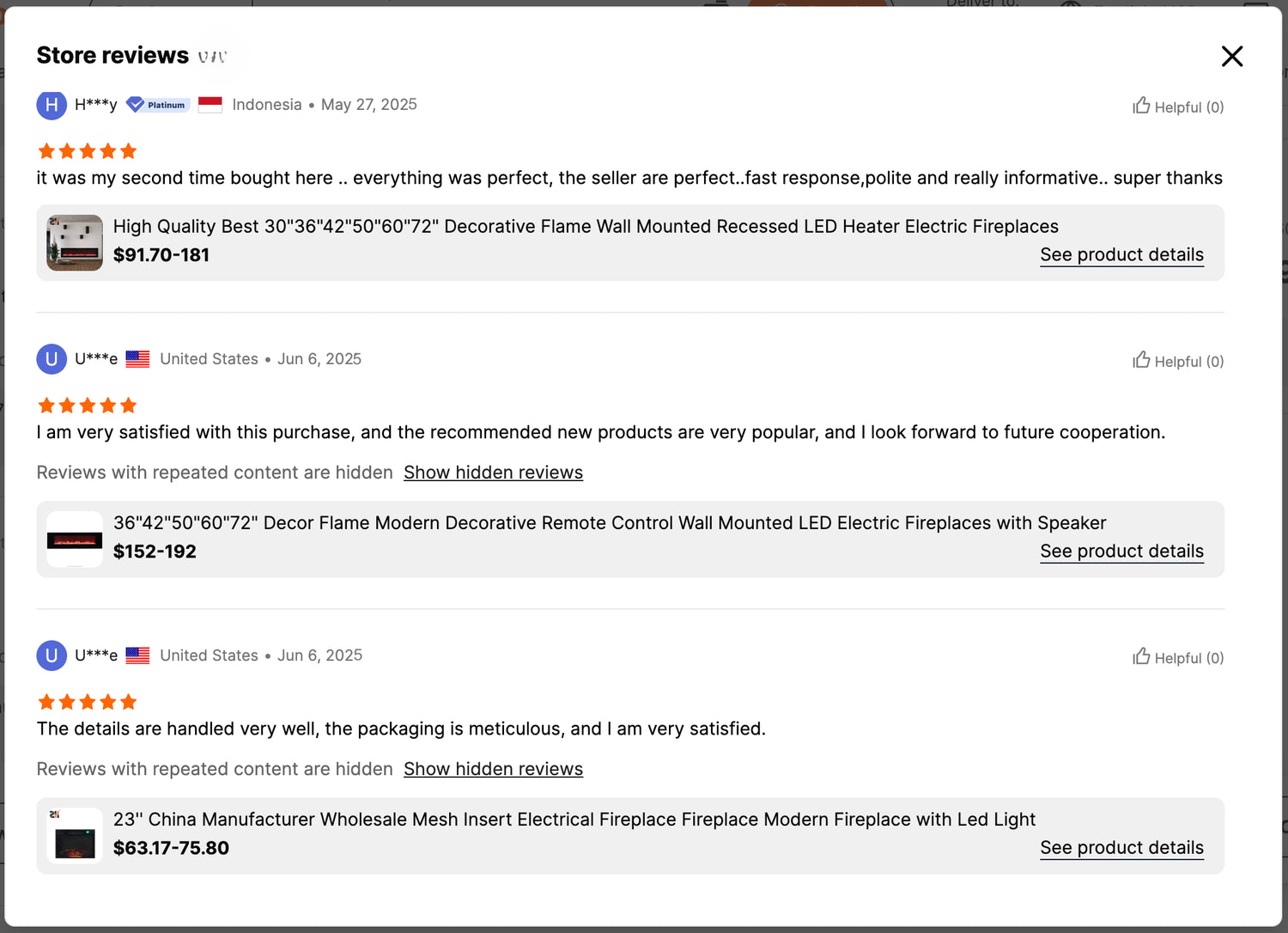 Customer reviews and 5-star feedback from Alibaba buyers, reflecting product satisfaction and trusted service of Zihan Fireplace.